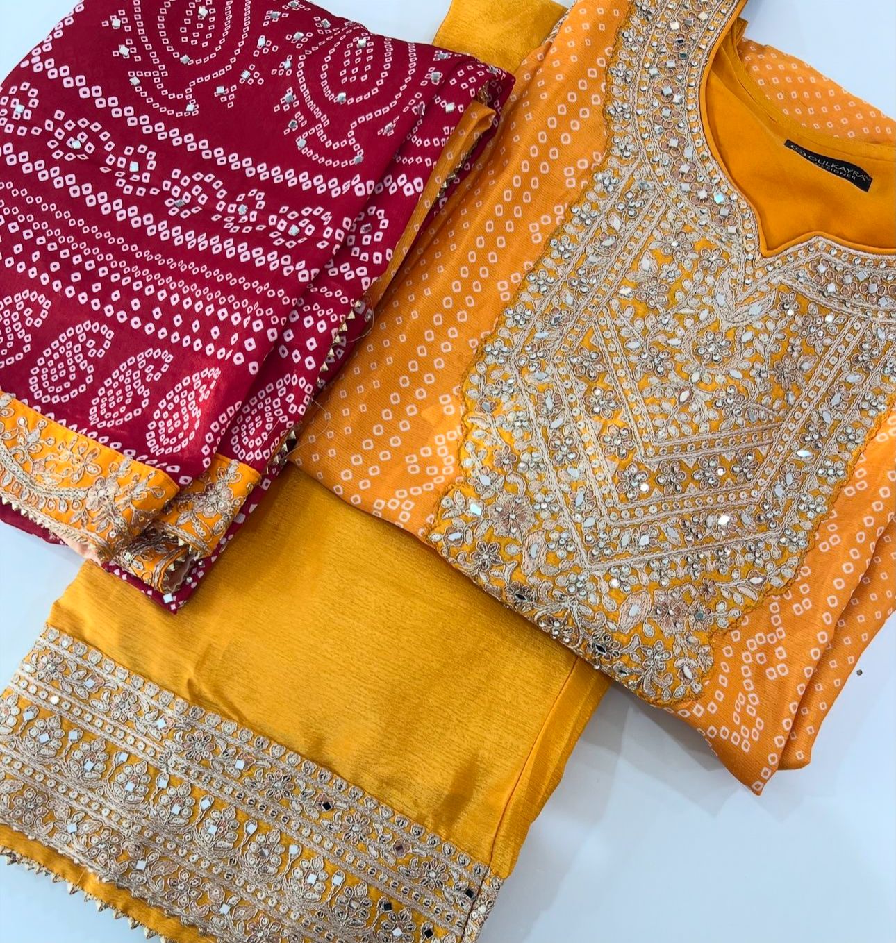 Mustard Mirror Embroidered Chinon Kurta Set in Germany