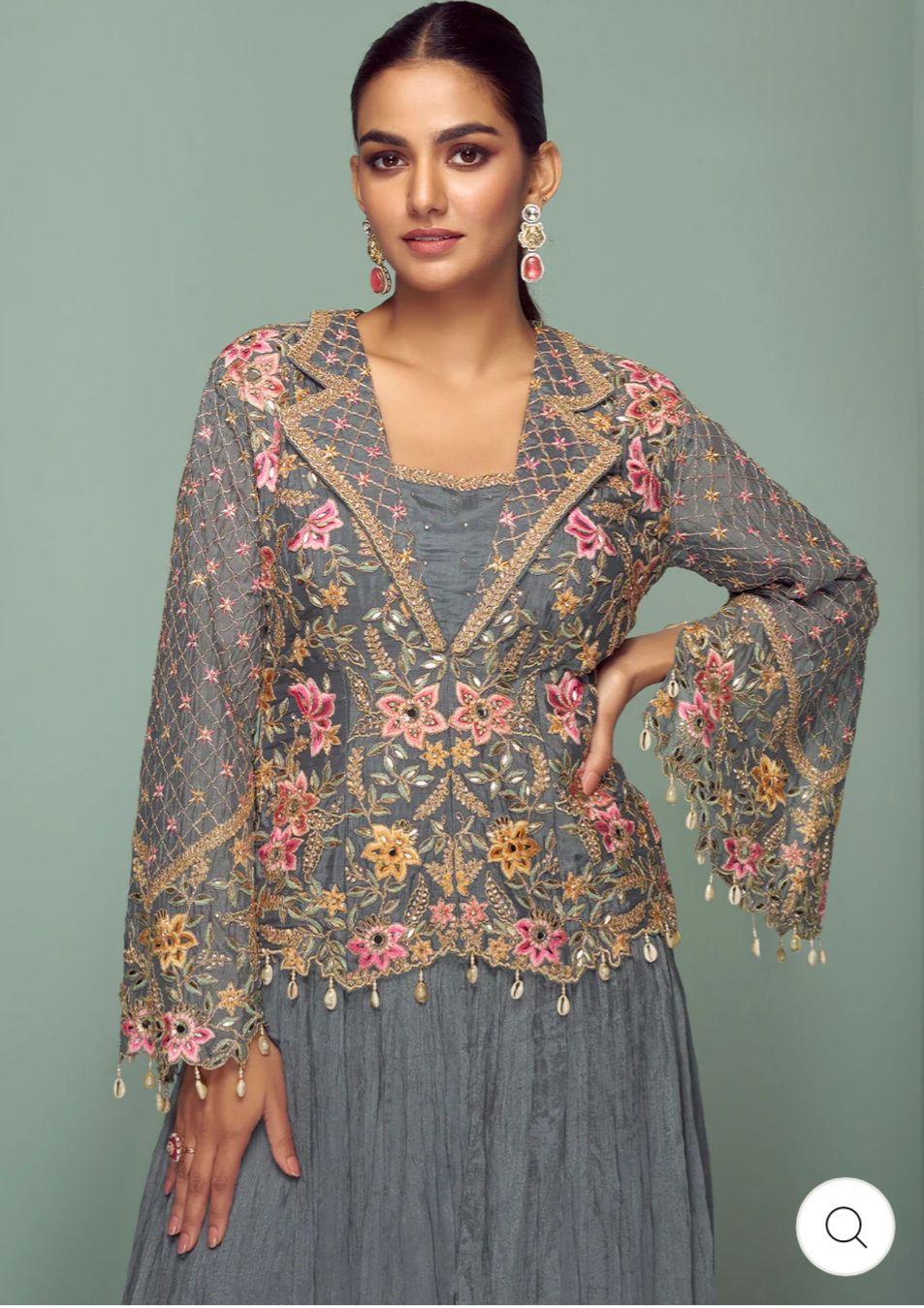 Embroidered Chinon Silk Sharara Suit in Grey in Germany