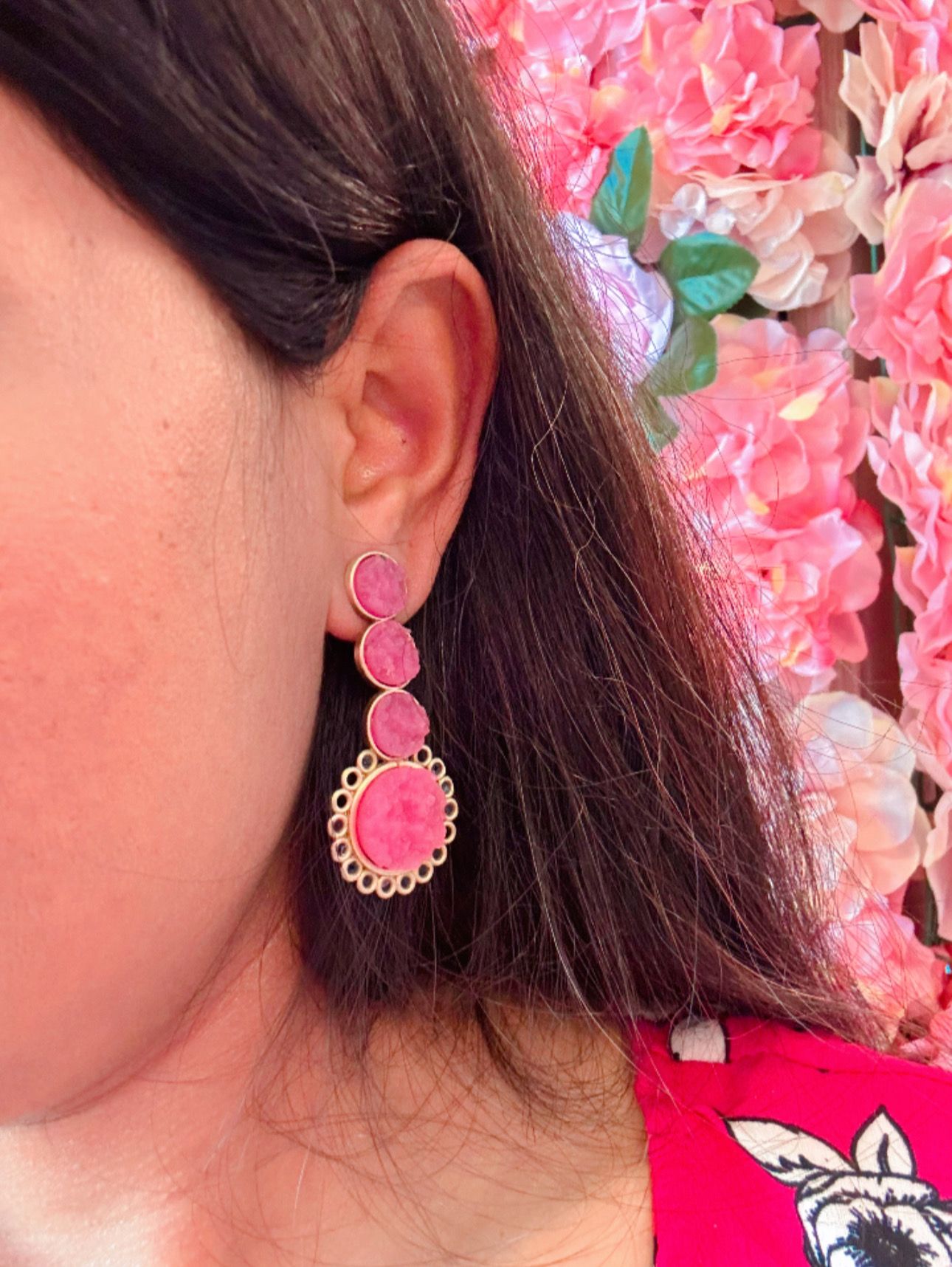 Contemporary Brass Handmade Elegant Pink Druzy Stone Dangle Earrings in Berlin