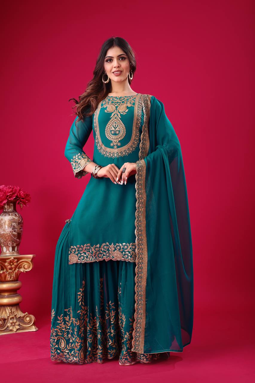 Faux Georgette With Heavy Embroidery Sequence Thread Work With Full Sleeve in Germany