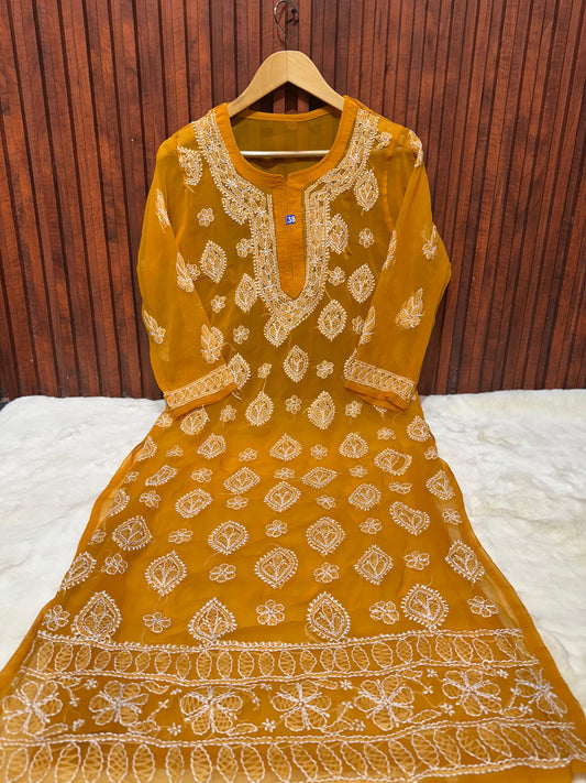 Yellow Women's Georgette Chikankari Embroidery Straight Kurta in Berlin