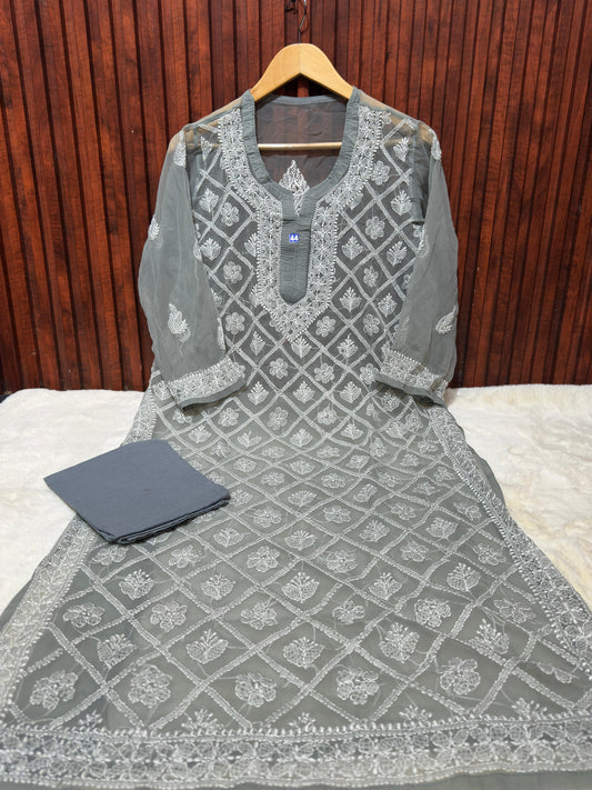 Grey Women's Georgette Chikankari Embroidery Straight Kurta in Berlin