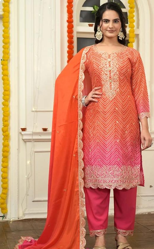 Chinon Silk Readymade Pant Style Suit embroidery and fabric detail - Neha Couture Indian Fashion