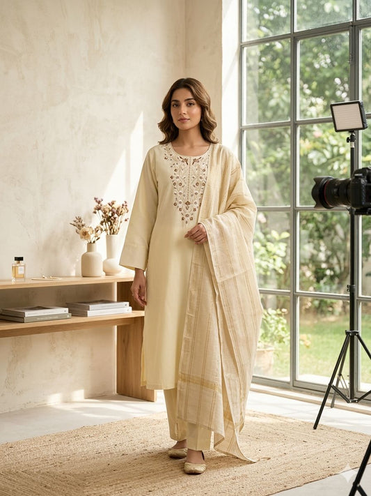 Cream Embroidered Neck  Kurta Bottom Dupatta Set in Germany