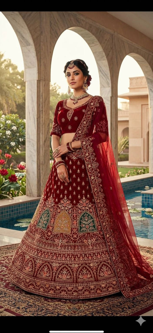 Red Multi-Work Velvet Bridal Lehenga Choli in Germany