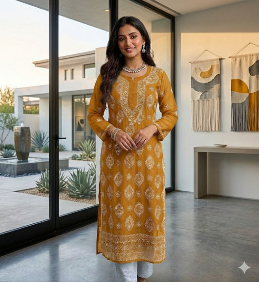 Yellow Women's Georgette Chikankari Embroidery Straight Kurta in Berlin