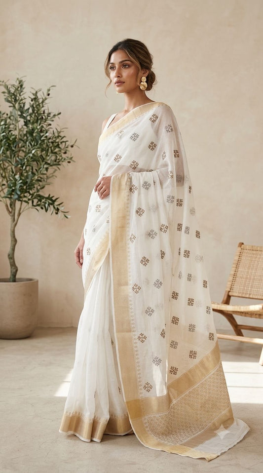 Elegant Ivory Cotton Saree with Gold Zari Border in Germany