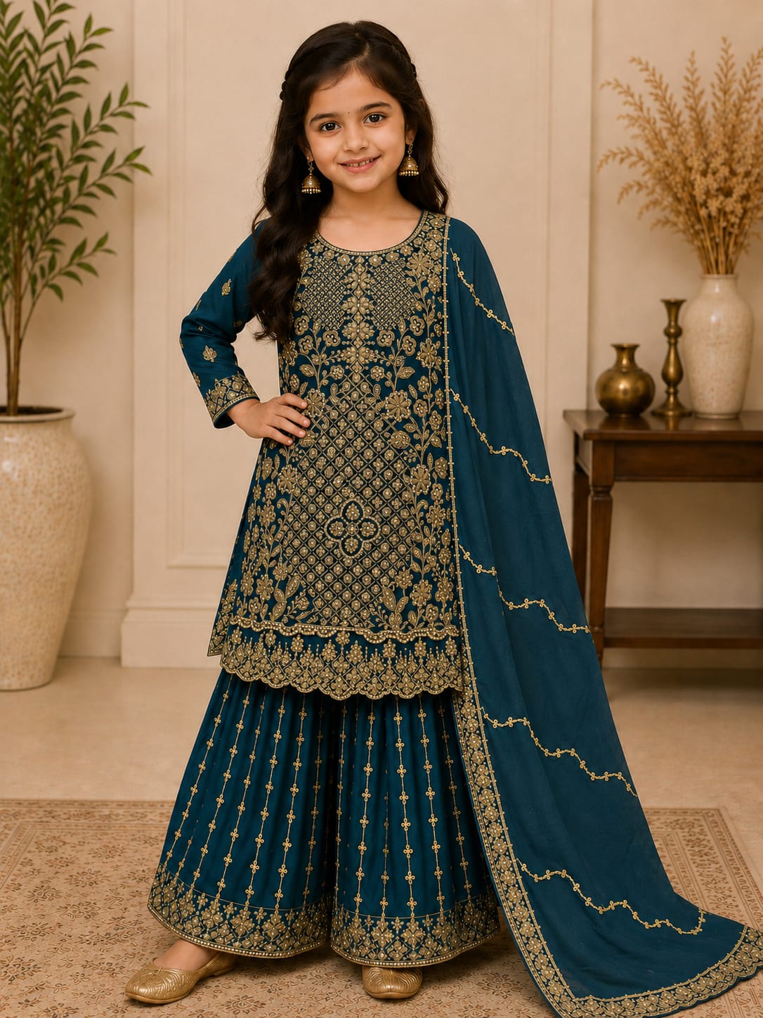 Teal Blue Georgette Embroidered Sharara Suit Set in Berlin