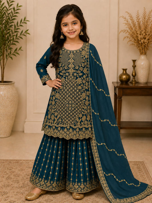 Teal Blue Georgette Embroidered Sharara Suit Set in Berlin