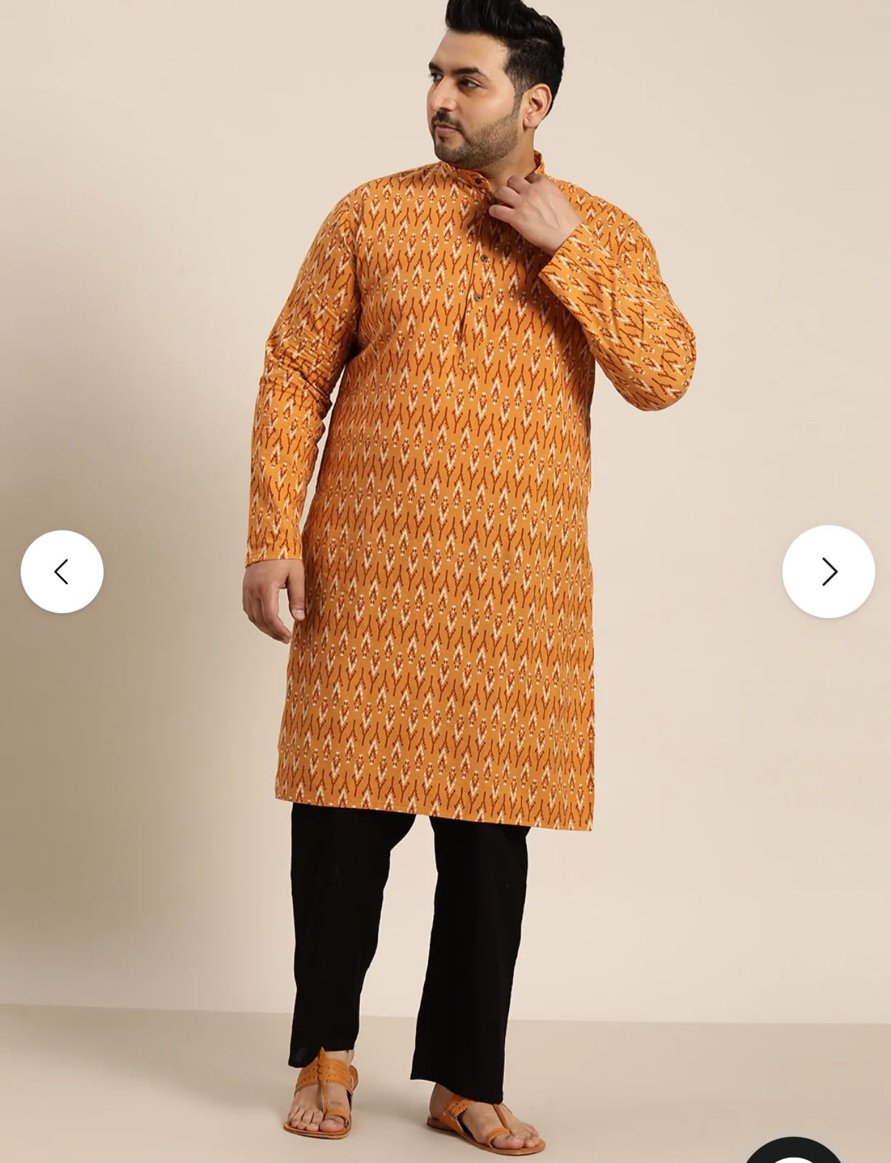 Men's Cotton Mustard and Cream Printed Only Long Kurta in Germany