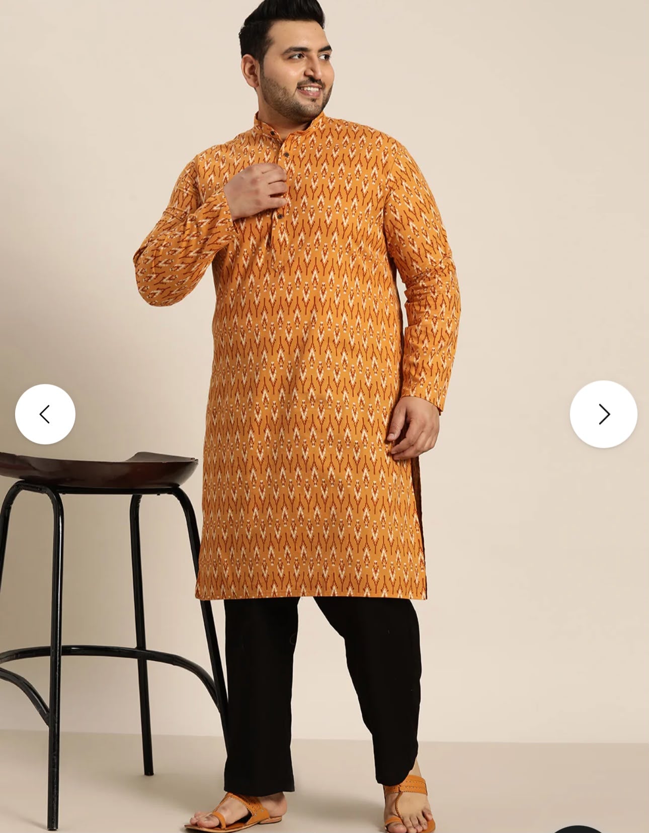 Men's Cotton Mustard and Cream Printed Only Long Kurta in Germany