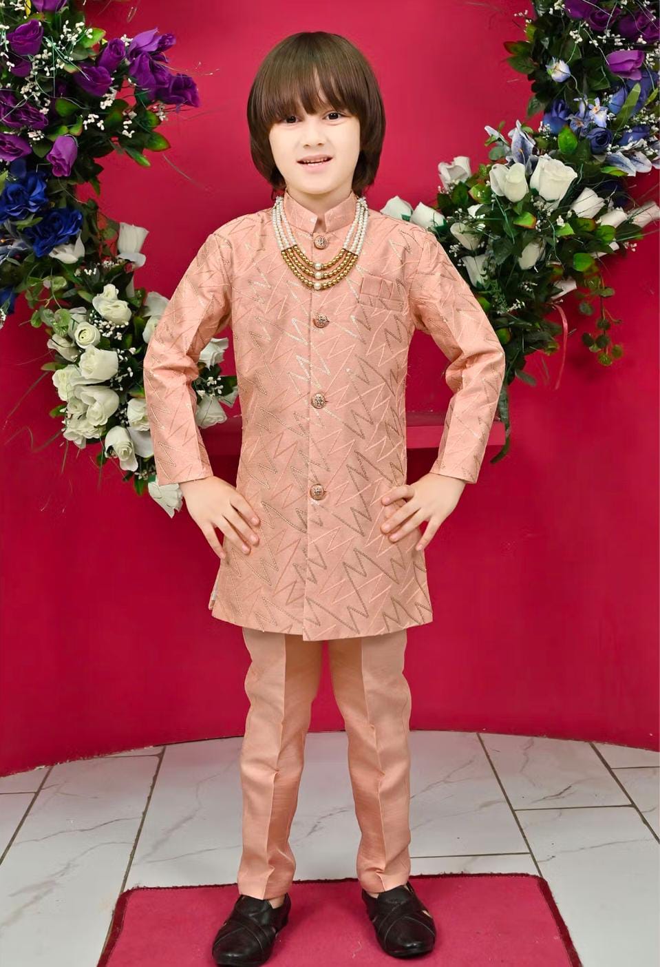Kids Jacquard Sequined Sherwani and Pant with Mala in Berlin