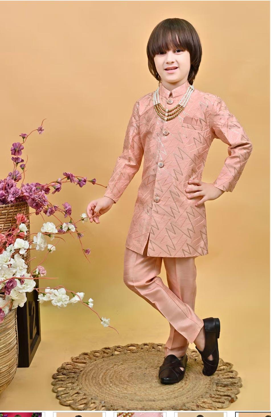 Kids Jacquard Sequined Sherwani and Pant with Mala in Berlin
