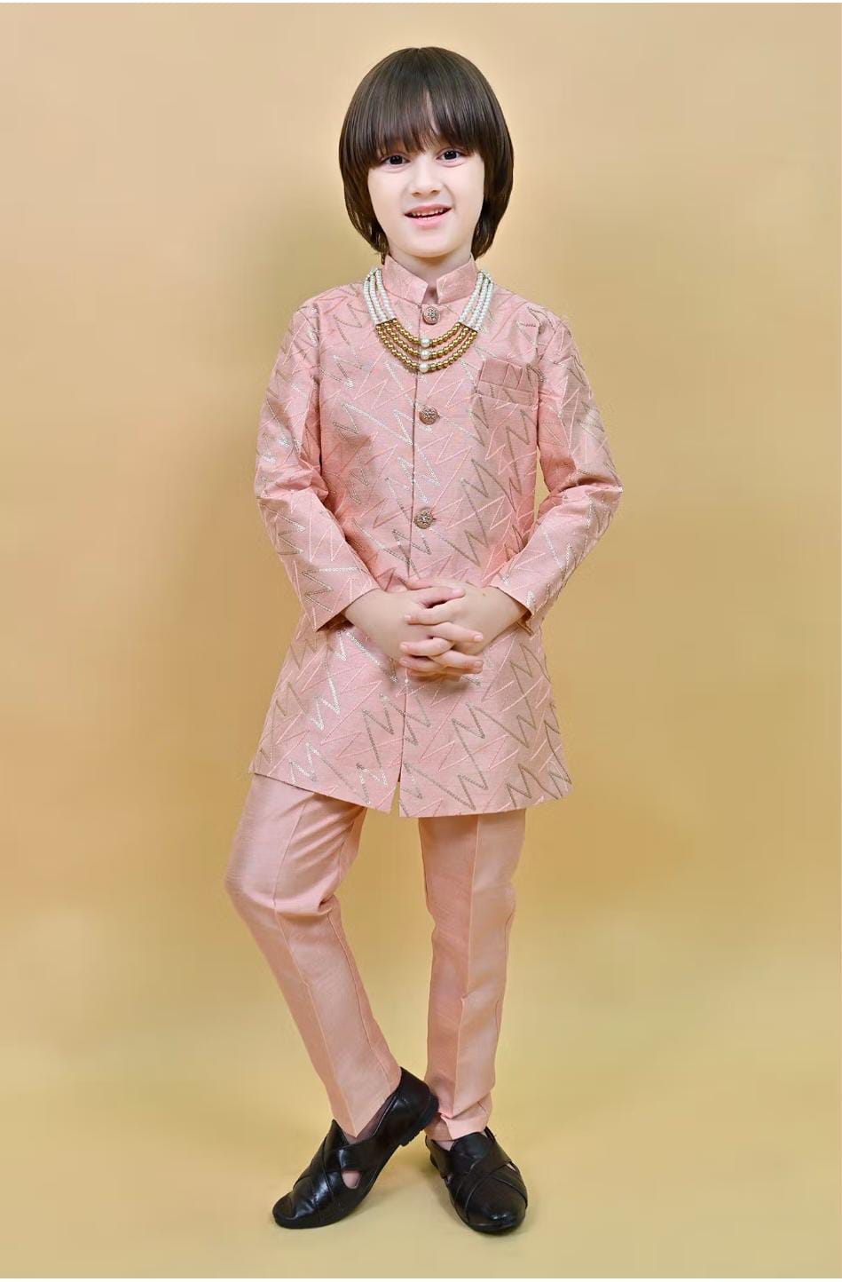 Kids Jacquard Sequined Sherwani and Pant with Mala in Berlin