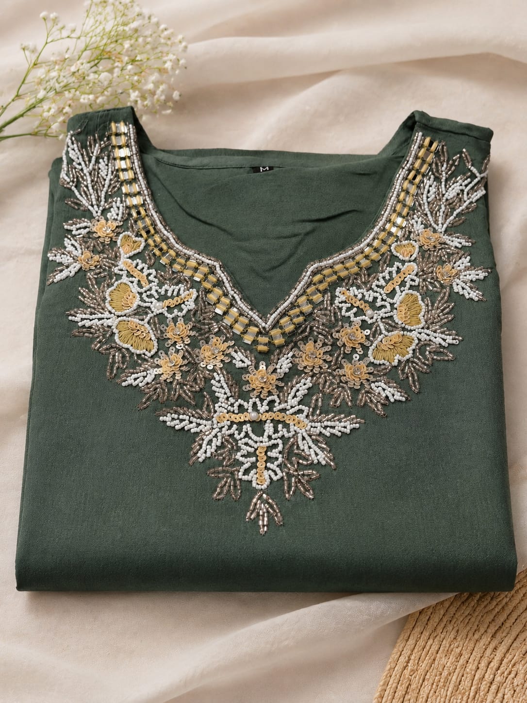 Deep Bottle Green Silk-Blend Embroidered Kurta Palazzo Set with Dupatta in Germany