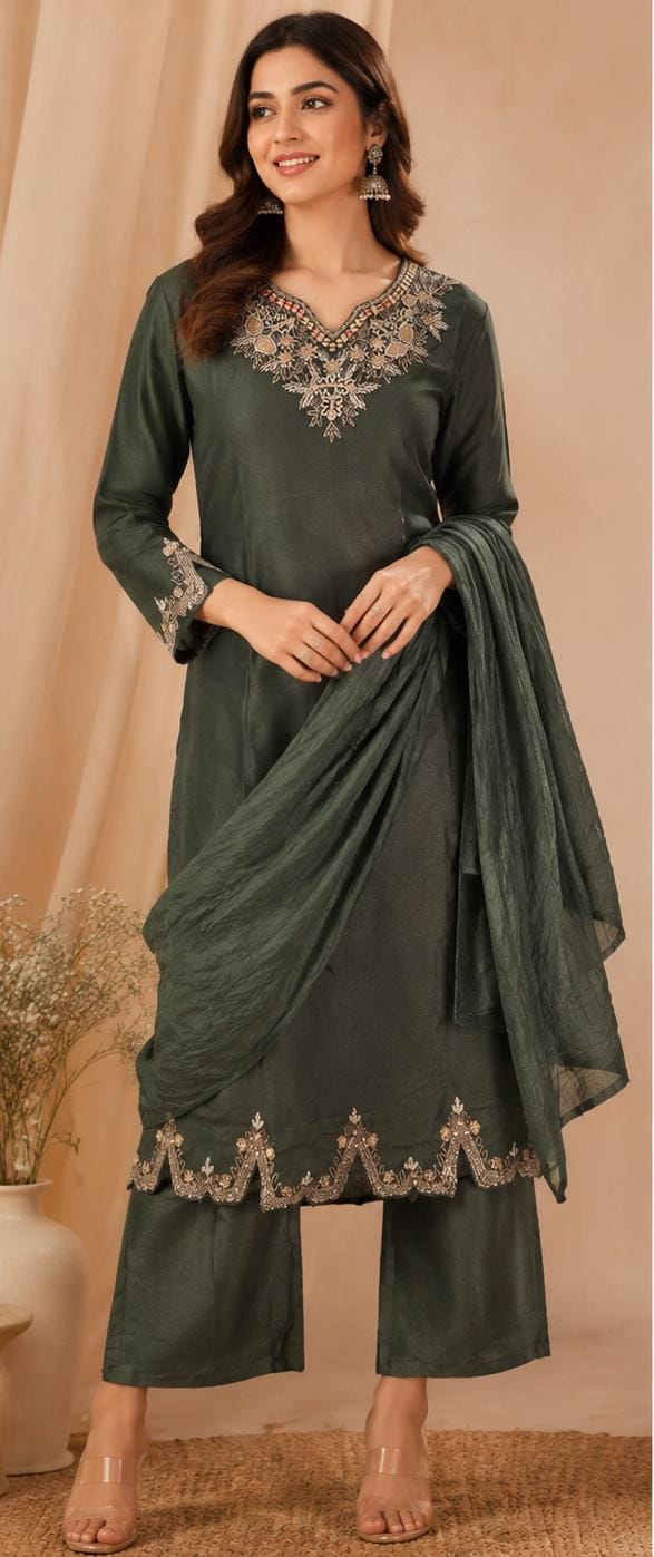 Deep Bottle Green Silk-Blend Embroidered Kurta Palazzo Set with Dupatta in Germany