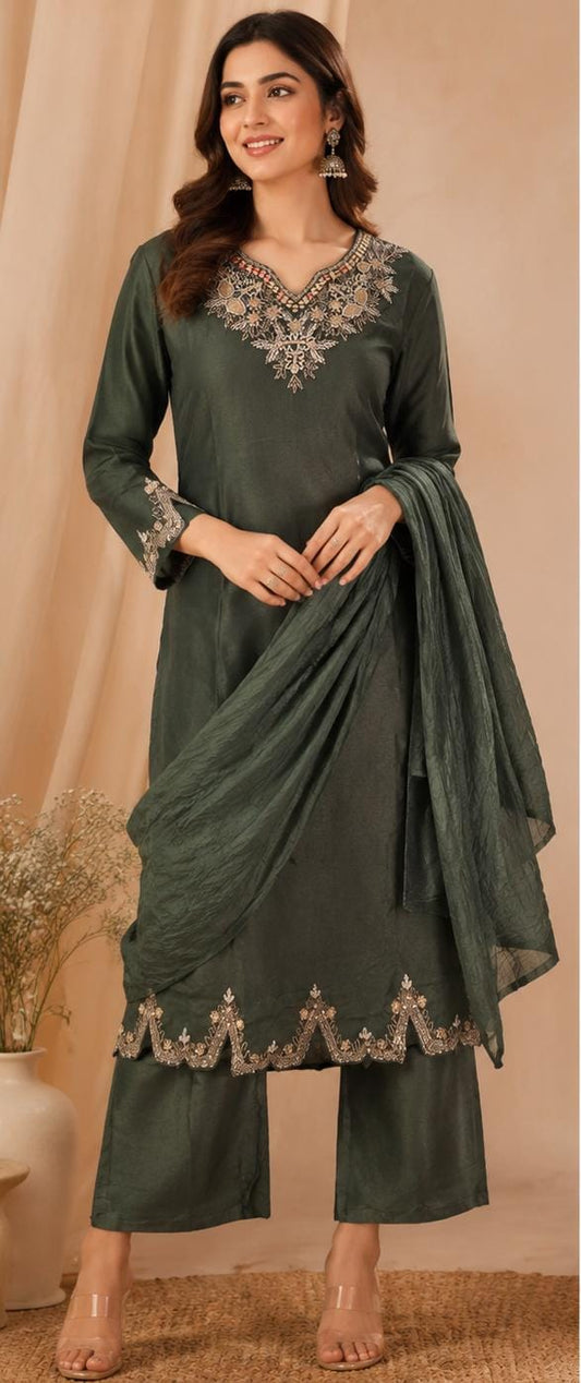 Deep Bottle Green Silk-Blend Embroidered Kurta Palazzo Set with Dupatta in Germany