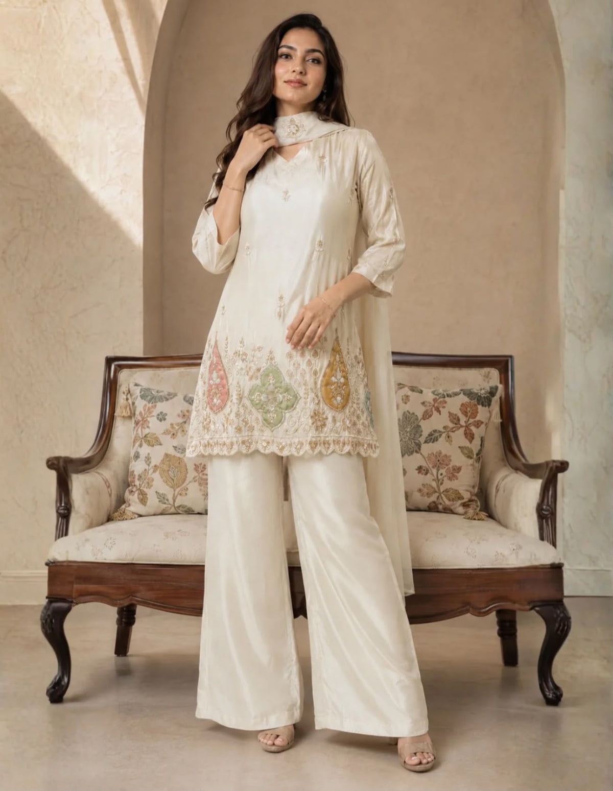 Creme Silk Embroidered Kurta Set with Straight Pants in Berlin