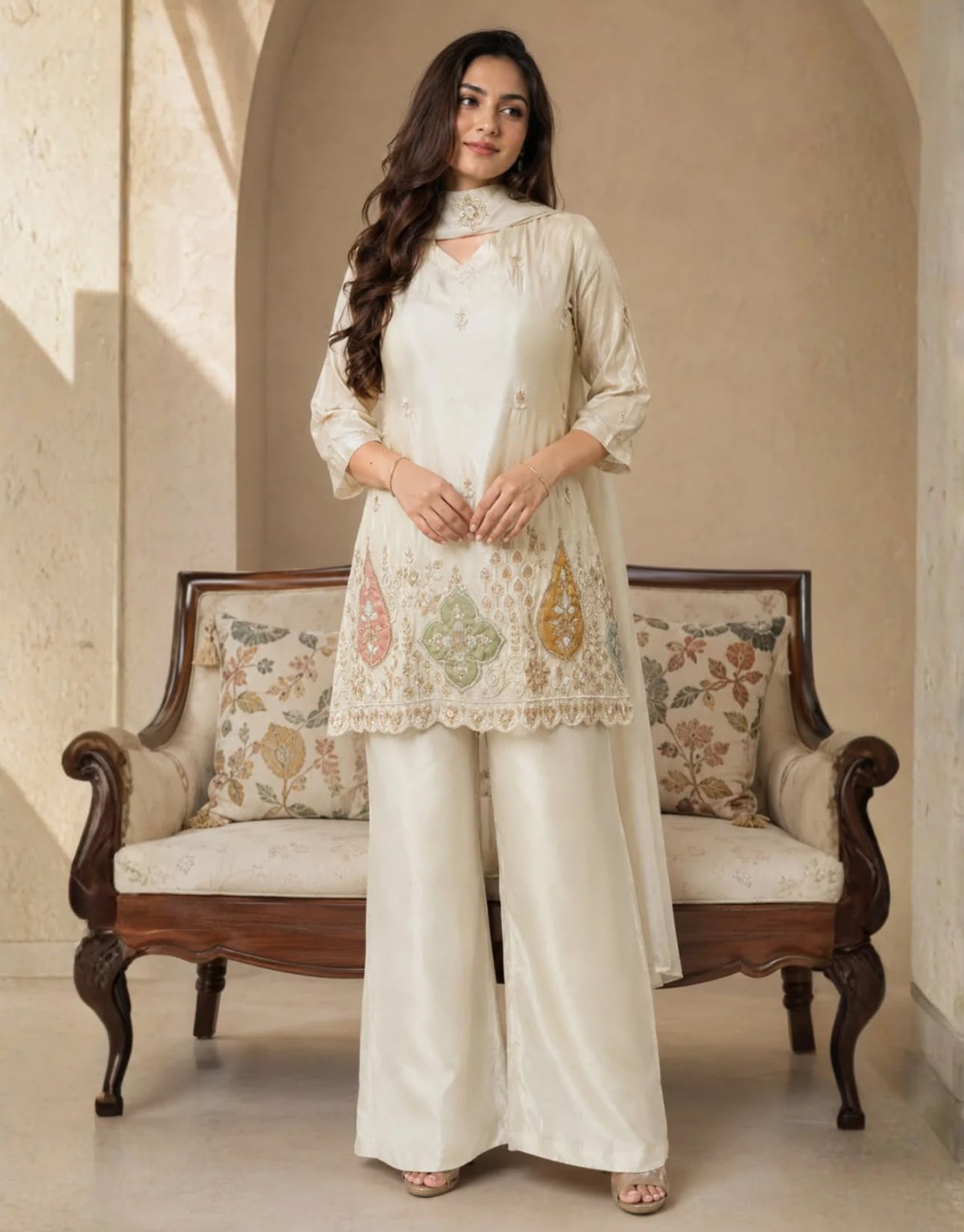 Creme Silk Embroidered Kurta Set with Straight Pants in Berlin