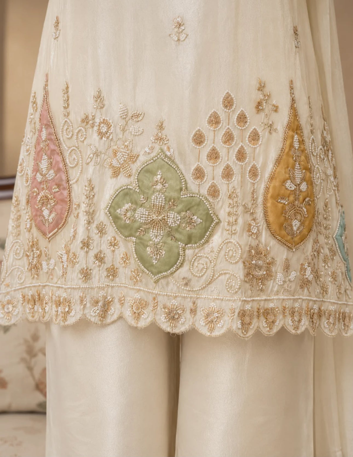 Creme Silk Embroidered Kurta Set with Straight Pants in Berlin