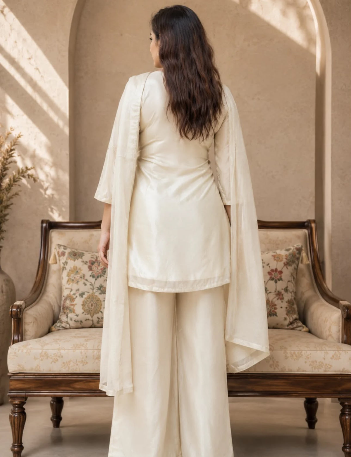 Creme Silk Embroidered Kurta Set with Straight Pants in Berlin