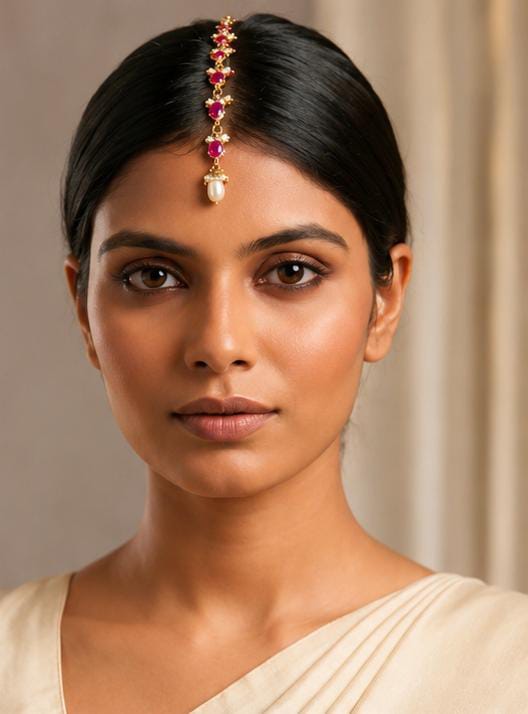 Gold Maang Tikka with Rubies and Pearl Drop in Germany