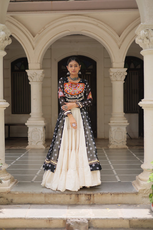 Black Bandhani Front-Slit Kurti and Off-White Lehenga Set in Germany