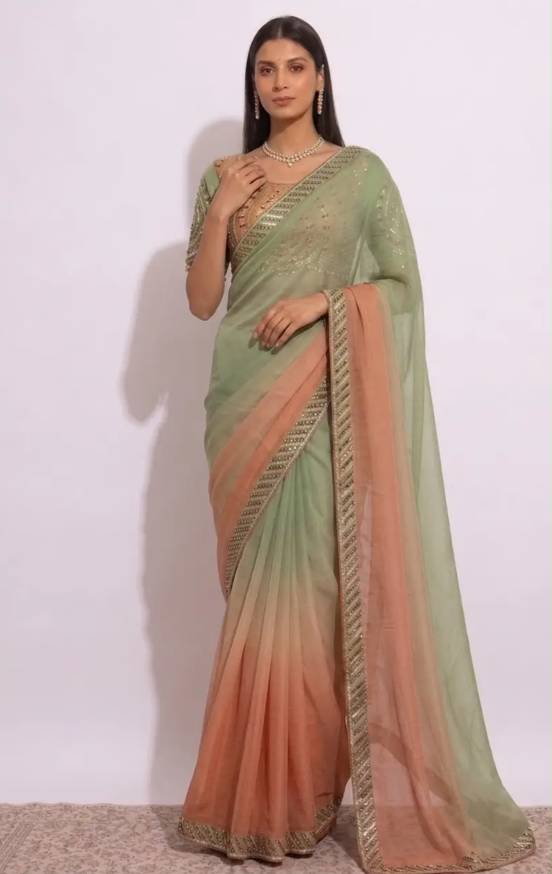 Olive Green & Ochre Beige Ombré Georgette Saree with Heavy Embroidered Designer stitched Blouse in Germany