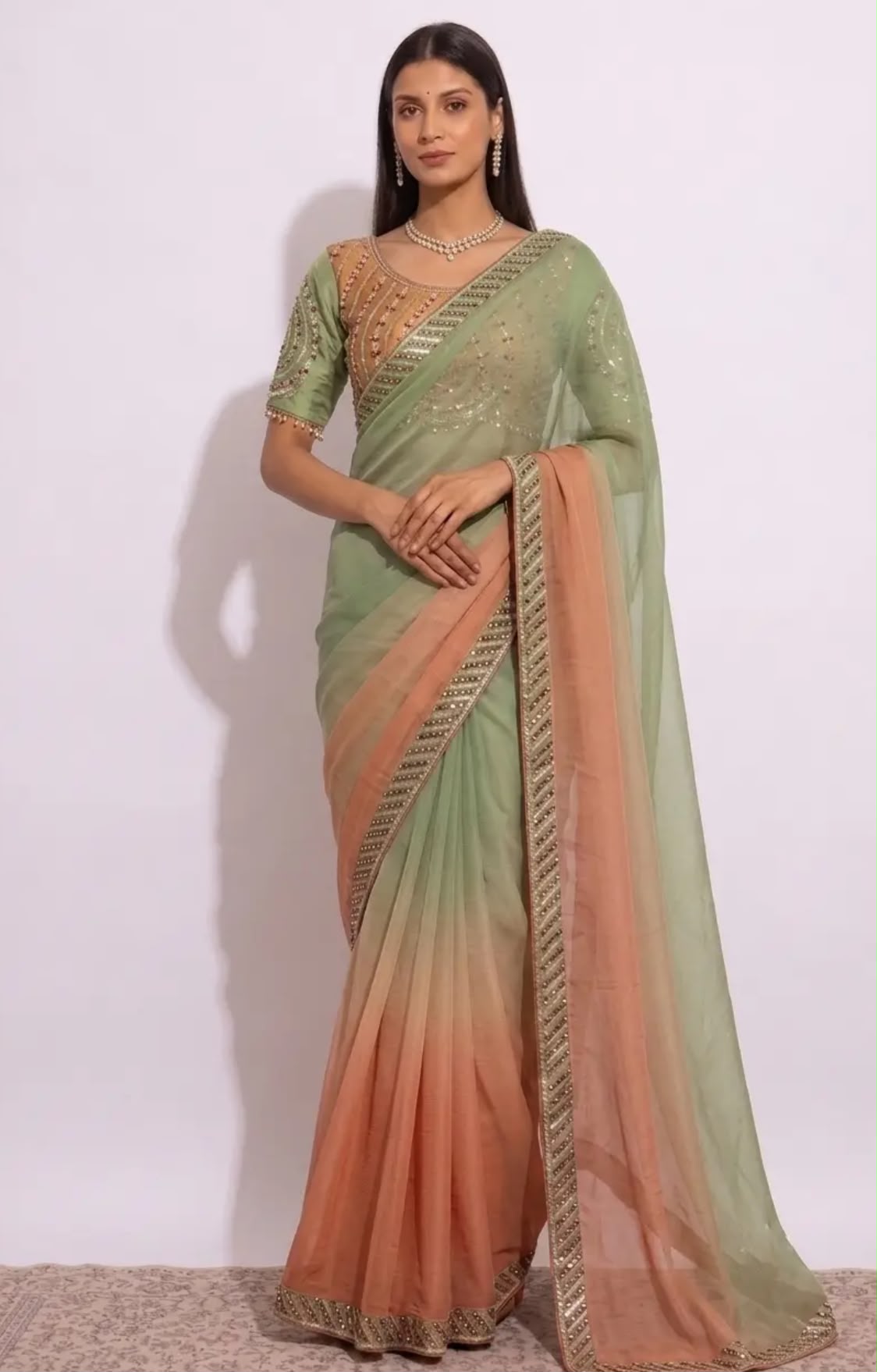 Olive Green & Ochre Beige Ombré Georgette Saree with Heavy Embroidered Designer stitched Blouse in Germany