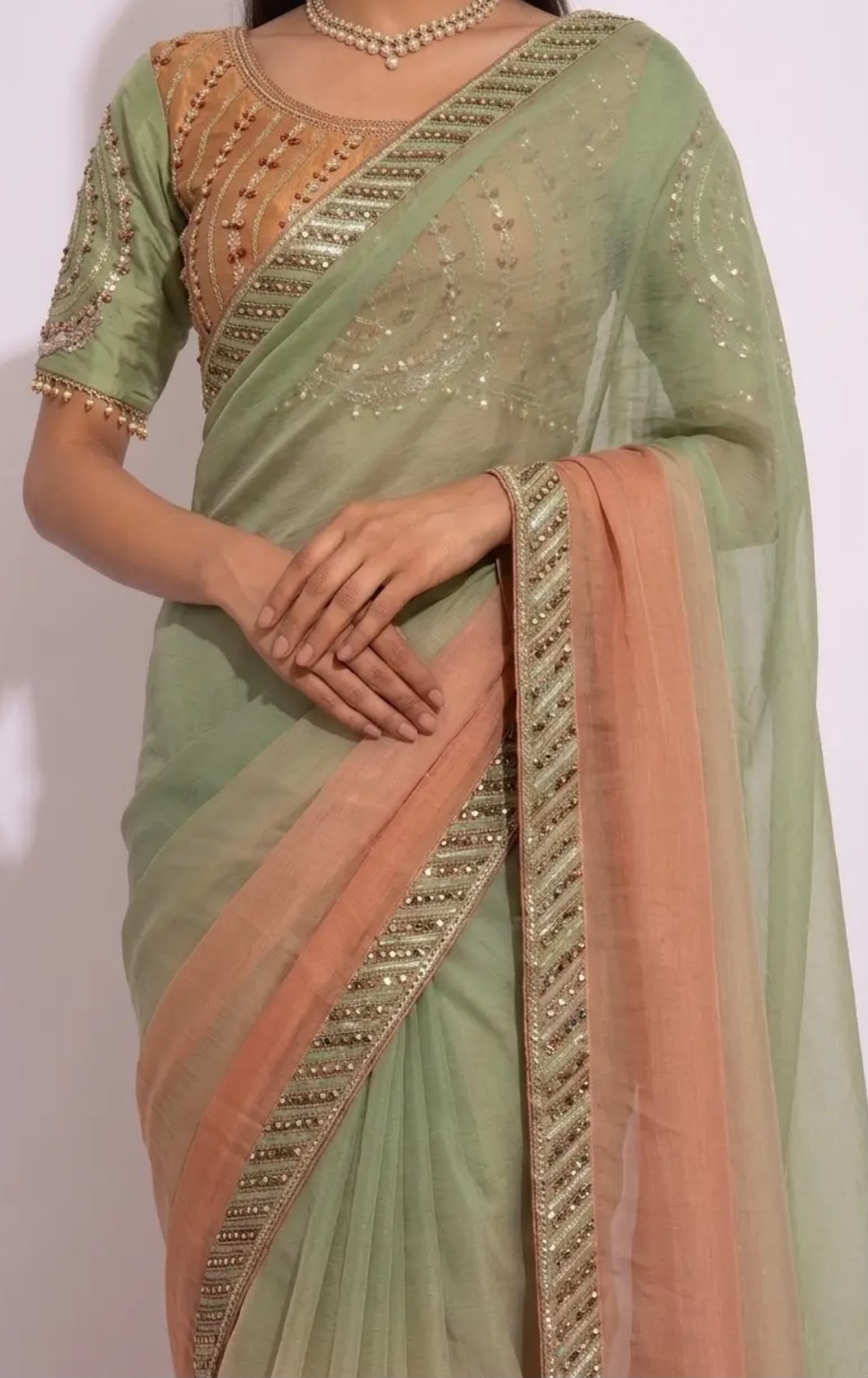 Olive Green & Ochre Beige Ombré Georgette Saree with Heavy Embroidered Designer stitched Blouse in Germany