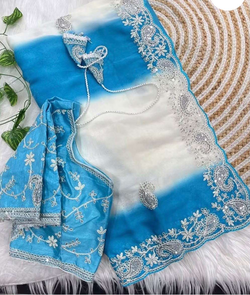 Elegant Sky Blue and White Shaded Ombré Saree with Ornate Borders and Stitched blouse in Germany