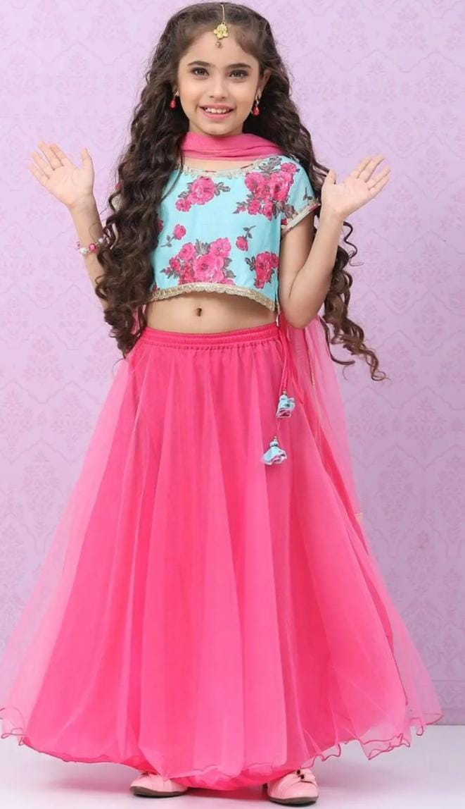 Kids Sky Blue & Pink Floral Print Lehenga Cholis in Germany