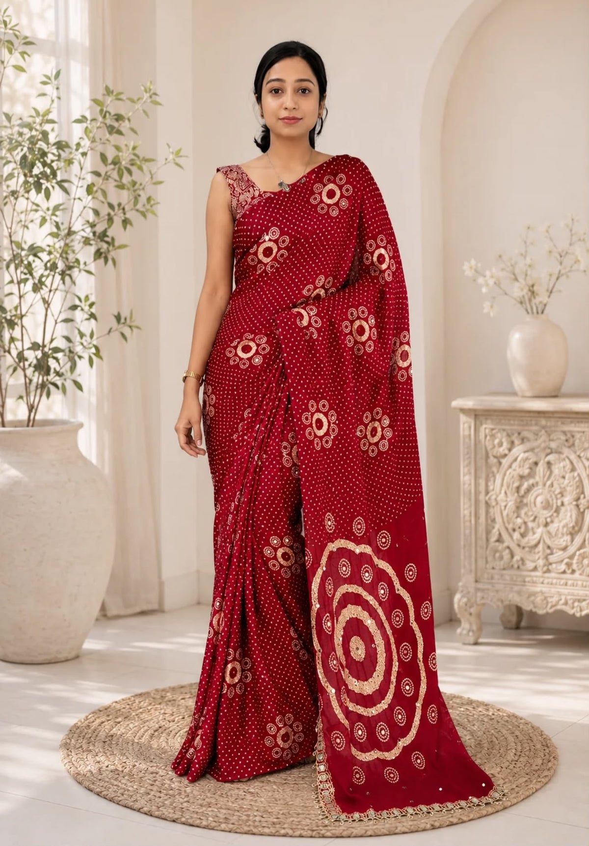 Red Gajji Silk Bandhej Saree with Mirror Lace in Germany - Neha Couture Berlin