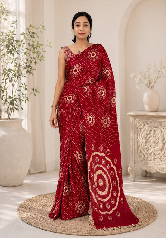 Red Gajji Silk Bandhej Saree with Mirror Lace - Neha Couture Berlin
