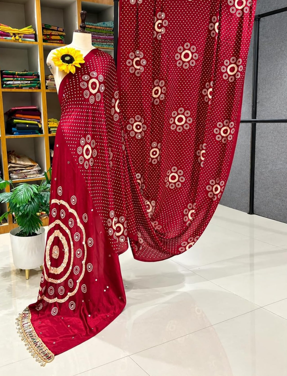 Red Gajji Silk Bandhej Saree with Mirror Lace in Germany - Neha Couture Berlin