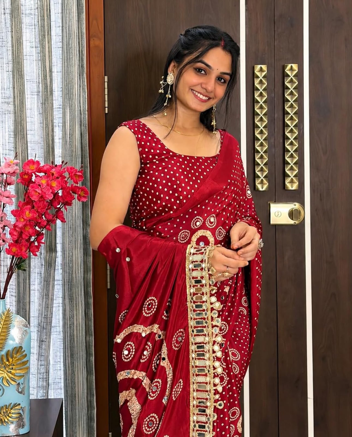 Red Gajji Silk Bandhej Saree with Mirror Lace in Germany - Neha Couture Berlin
