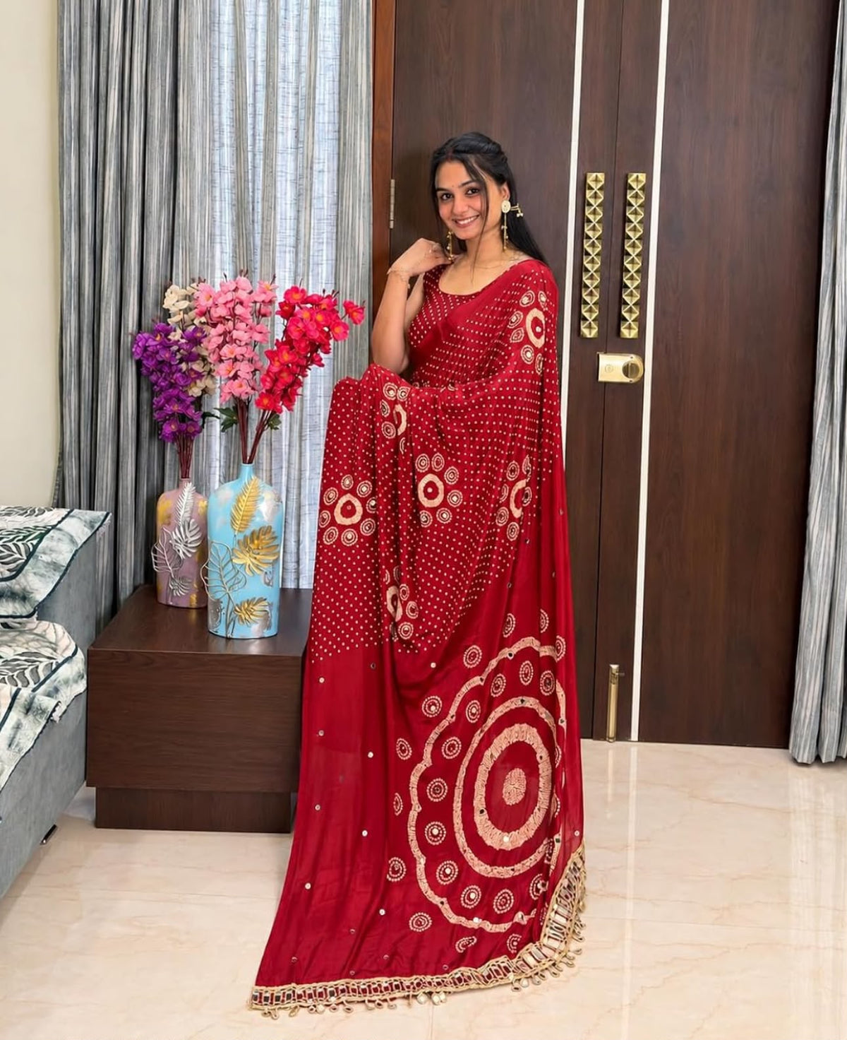 Red Gajji Silk Bandhej Saree with Mirror Lace in Germany - Neha Couture Berlin