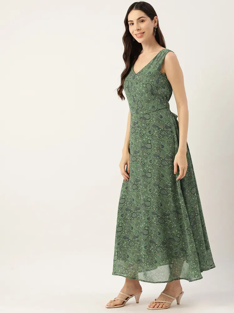 Green Floral Printed V- Neck Maxi Dress in Berlin
