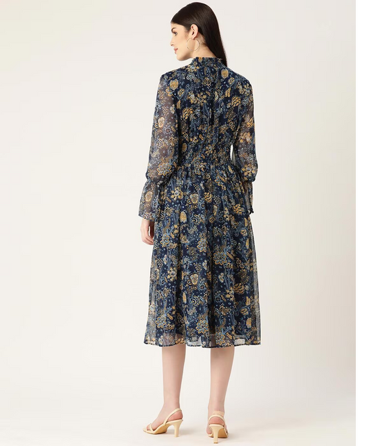 Navy Blue Floral Printed Maxi Dress embroidery and fabric detail - Neha Couture Indian Fashion