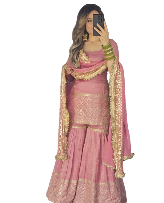 Heavy faux georgette embroidery sequence work sharara suit embroidery and fabric detail - Neha Couture Indian Fashion