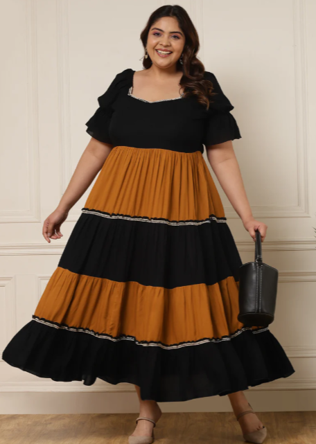 WOMEN'S PLUS SIZE BLACK & MUSTARD COLOR BLOCK DRESS IN BERLIN