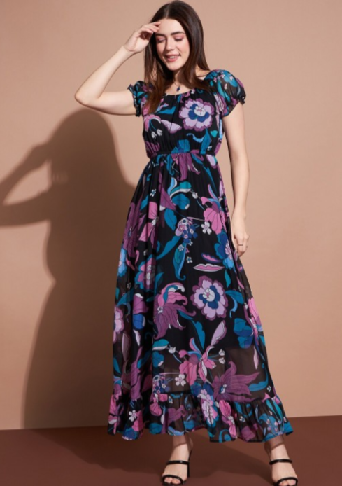 Floral Printed Puff Sleeve Fit & Flare Maxi Dress in Germany
