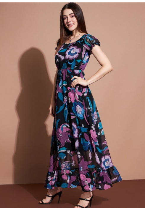 Floral Printed Puff Sleeve Fit & Flare Maxi Dress in Germany