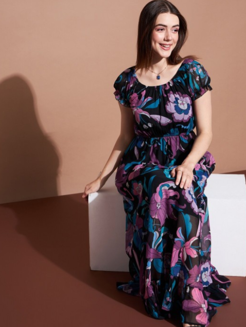 Floral Printed Puff Sleeve Fit & Flare Maxi Dress in Germany