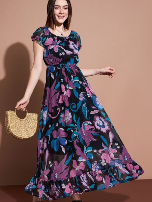 Floral Printed Puff Sleeve Fit & Flare Maxi Dress in Germany
